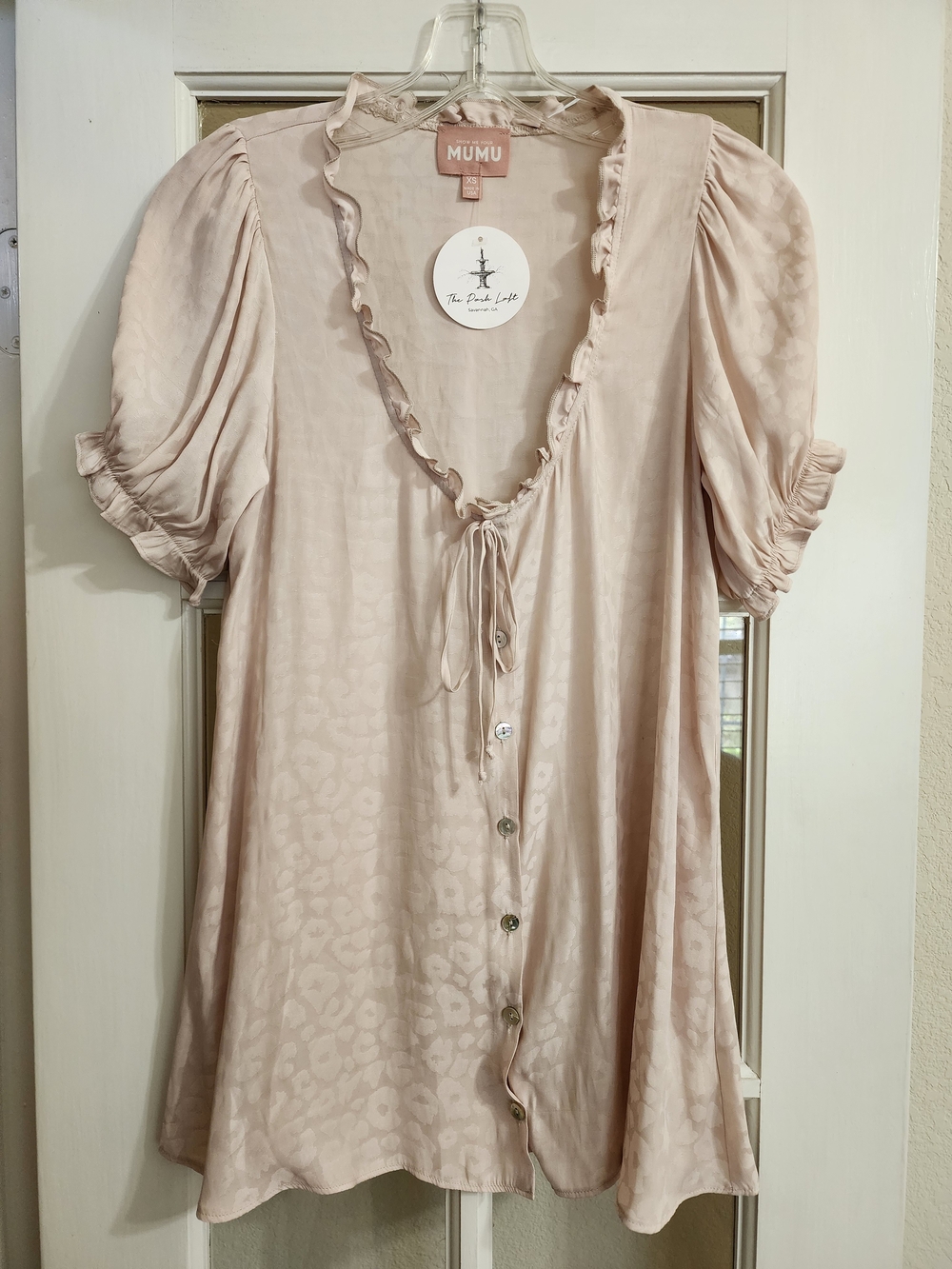 Show Me Your Mumu Brunch Top XS Blush Leopard Ruffle Puff Sleeve